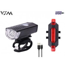 Фонари, комплект (LED передн.+задн.) RPL-2255/DC-918, 3/5 LED, USB кабель, с аккум. 480 mAh, 50 Lumens, 3,7V, VXM (УТ00021405)